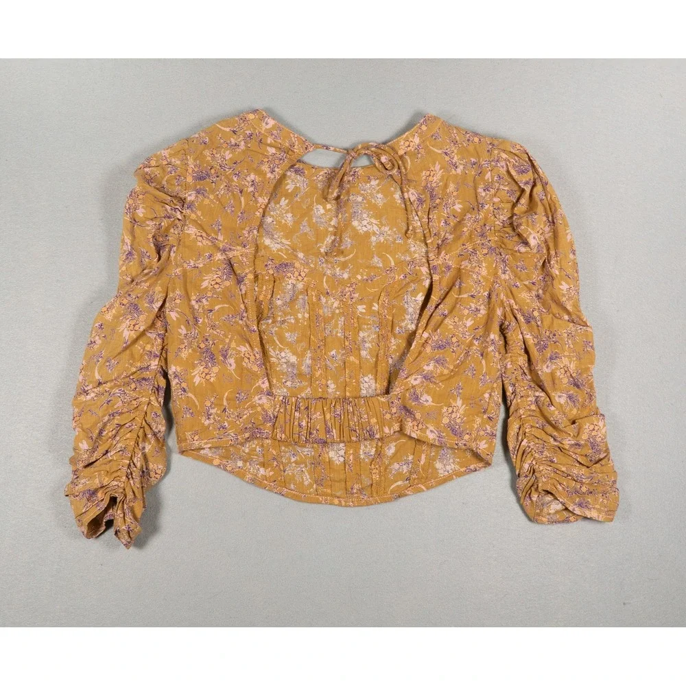 Free People Floral Puff Sleeve Corset Style Crop Top Yellow Purple Size S